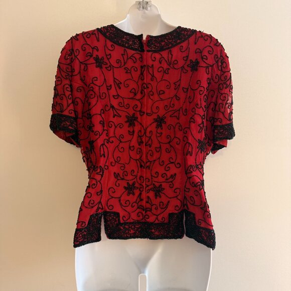 Vintage Stenay Red Silk Beaded Top | L | Holiday Party & Cocktail Blouse - Picture 4 of 13
